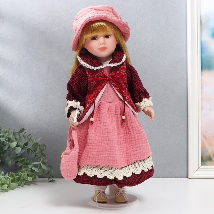Кукла коллекционная керамика "Нина в розовом платье и бордовом жакете" 40 см  #1