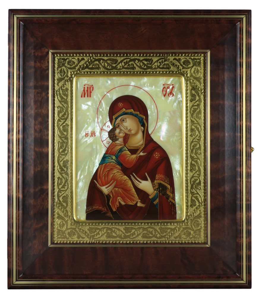 Рукописная икона на перламутре "Владимирская Богородица" в раме и киоте, 29*33,5 см  #1