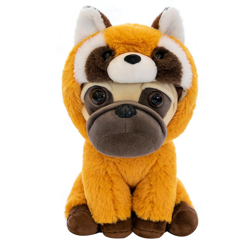 Игрушка собака плюшевый мопс в капюшоне костюме енота #1