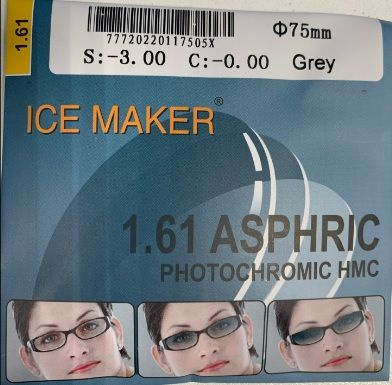 Линза для очков фотохромная ICE MAKER 1.61 AS HMC Gray Sph +01.25 диаметр 70  #1