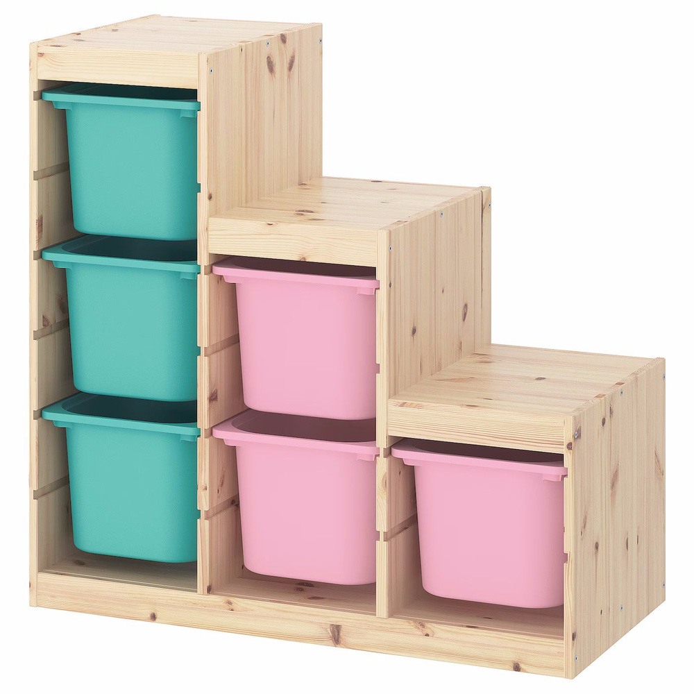Деревянный стеллаж для игрушек "Лесенка" с розовыми (3) и бирюзовыми (3) контейнерами TROFAST, 93.3х43.8х90.6 #1