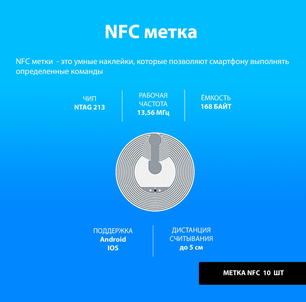 Метка NFC (10 штук) NTAG213/ Метка-наклейка НФС/ для автоматизации, умный дом, электронная визитка.  #1