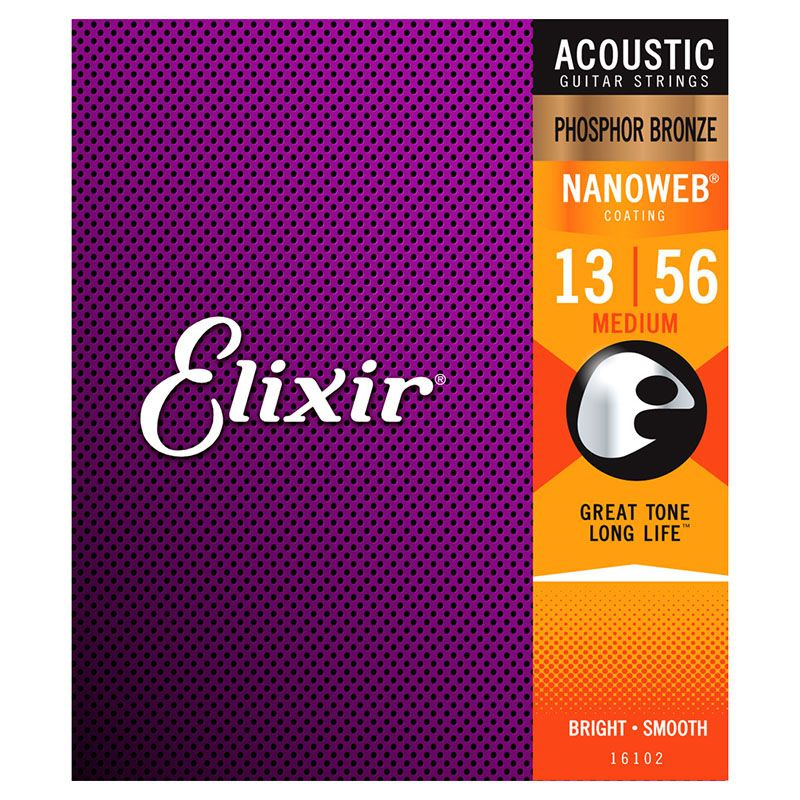 Струны Elixir 16102 NanoWeb Phosphor Bronze Medium для акустической гитары 13-56  #1