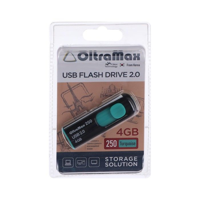 Флешка OltraMax 250, 4 Гб, USB2.0, чт до 15 Мб/с, зап до 8 Мб/с, бирюзовая  #1