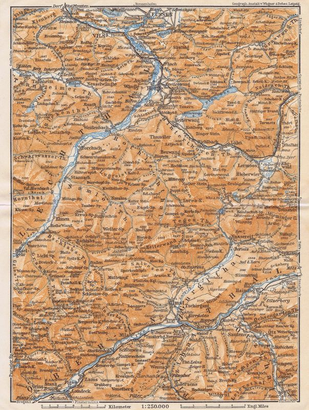 Географическая карта антикварная. Германия и Австрия. Долины рек Лех, Лойзах и Инн. Смешанная техника. #1