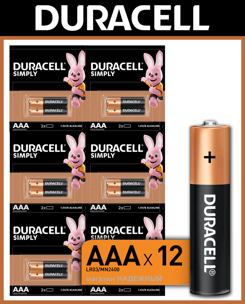 Батарейки Duracell щелочные (алкалиновые) Basic AAA / LR03 1,5V Мизинчиковые, Дюрасел ААА, 12 шт  #1