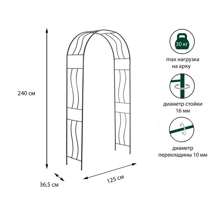 Арка садовая, разборная, 240x125x36,5 см, металл, зелёная, "Волна"  #1
