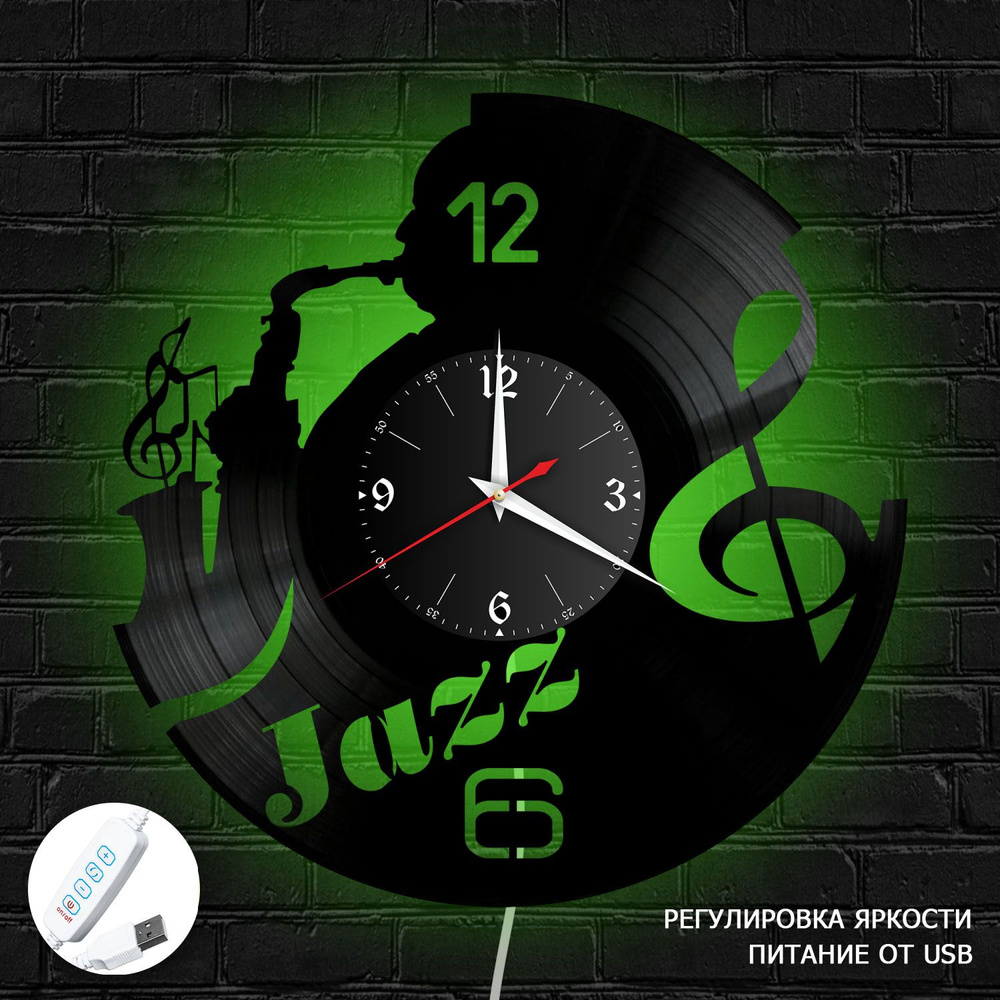 Настенные часы RedLaser "Музыка из винила с зеленой подсветкой, №1", 30 см  #1