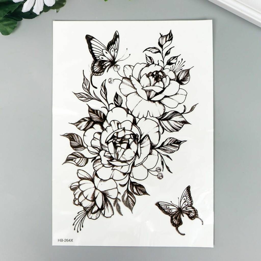 Татуировка на тело чёрная "Розы и бабочки с тенями" 21х15 см  #1