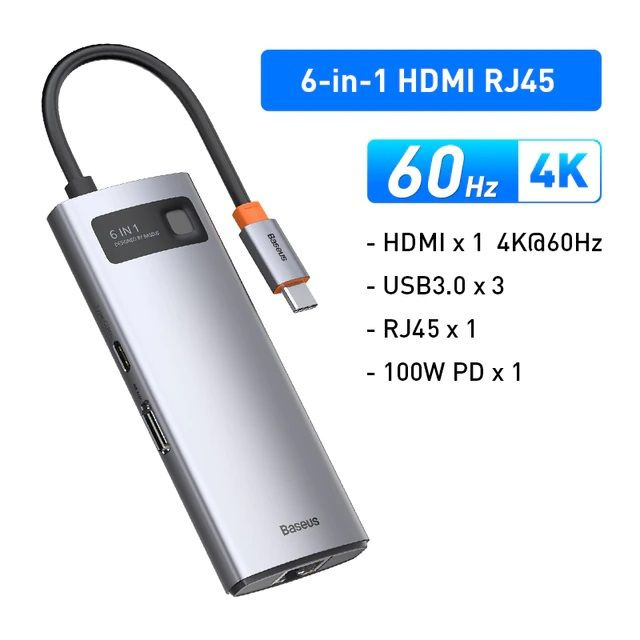 Хаб USB-концентратор Baseus 4K@60Hz 6-in-1 STARJOY 6-PORT TYPE-C HUB ADAPTER Gray (WKWG080013)  #1