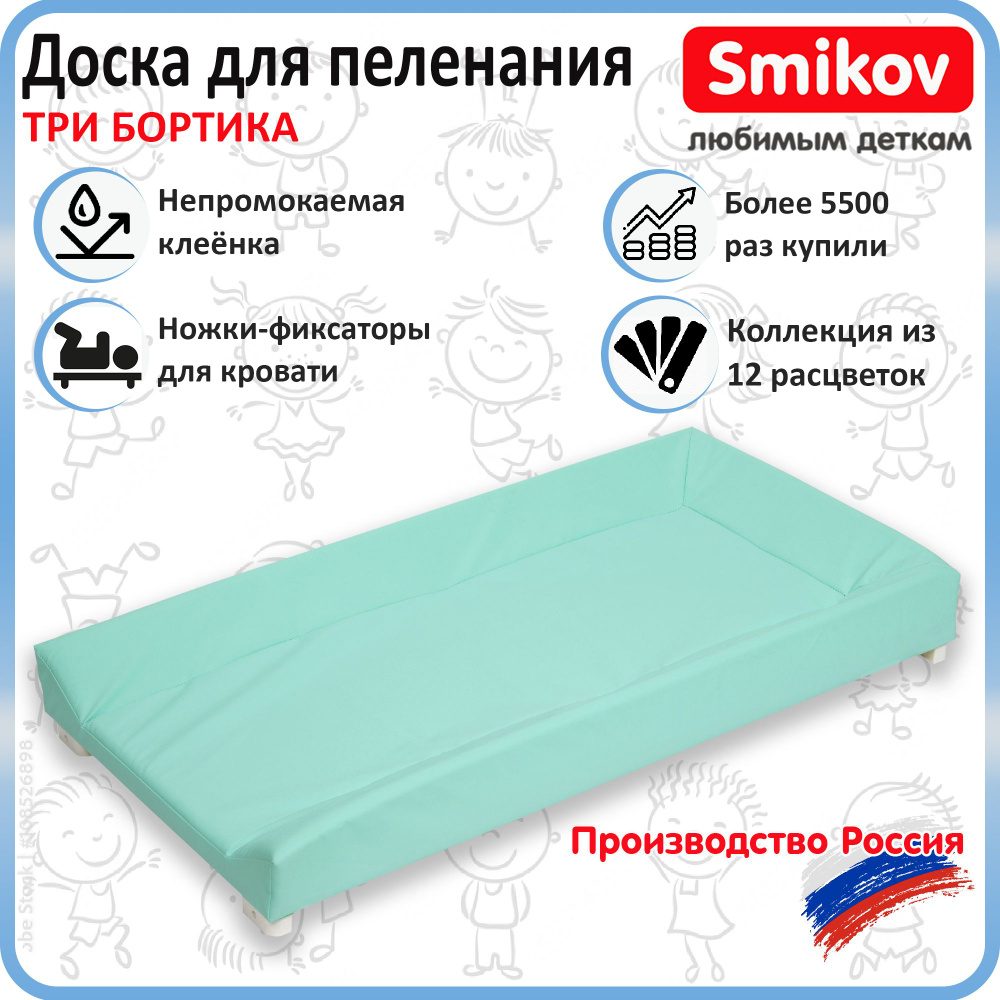 Пеленальная доска 3 борта для новорожденного на кровать, комод Smikov City бирюзовая  #1