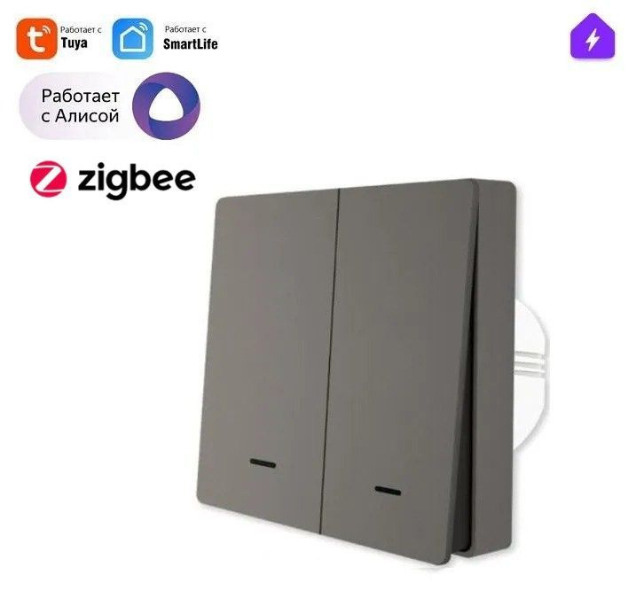 Умный двухклавишный черный выключатель, Zigbee, БЕЗ НУЛЯ, для умного ...