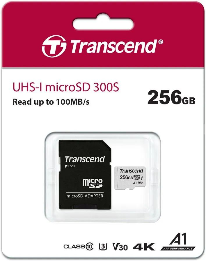 Transcend Карта памяти 300S 256 ГБ (TS256GUSD300S-A, microSDXC + SD адаптер, UHS-I, U3, V30, Class 10, #1