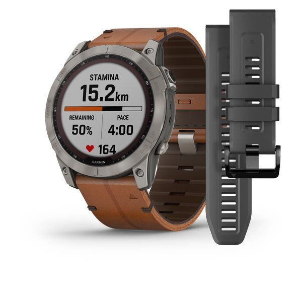 Часы Garmin Fenix 7X Sapphire Solar с подзарядкой от солнца, титановый серый с коричневым кожаным ремешком #1