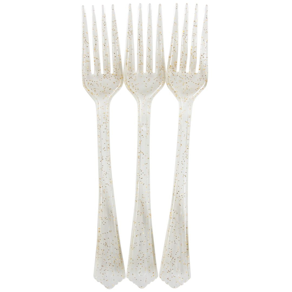 Одноразовые вилки для праздника пластиковые, Прозрачный/Золото, с блестками, 18 см, 10 шт.  #1