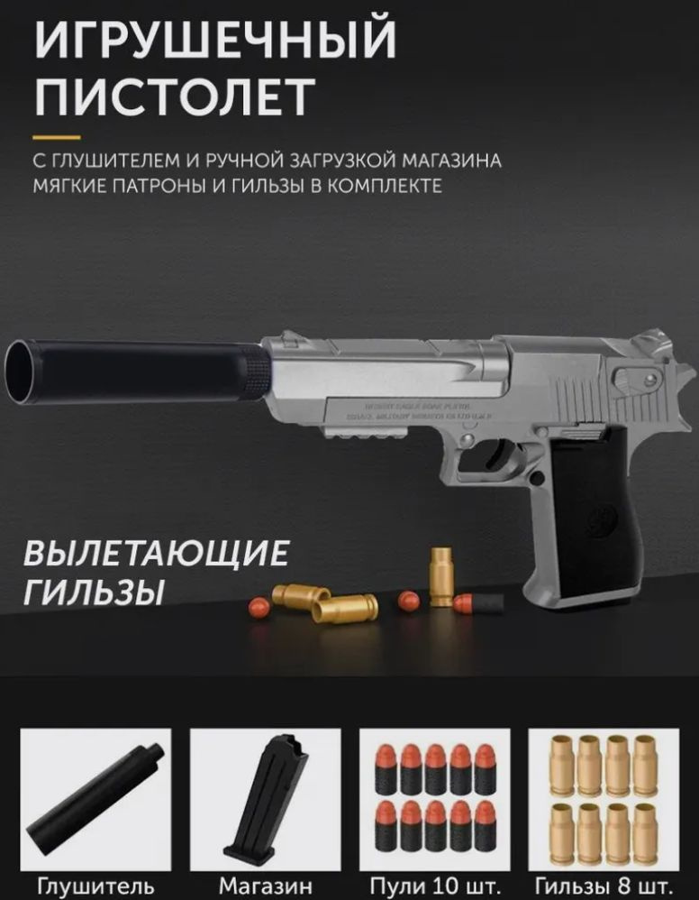 Игрушечный пистолет Нерф Desert Eagle с глушителем и ручной загрузкой ( Мягкие патроны и гильзы в комплекте, #1