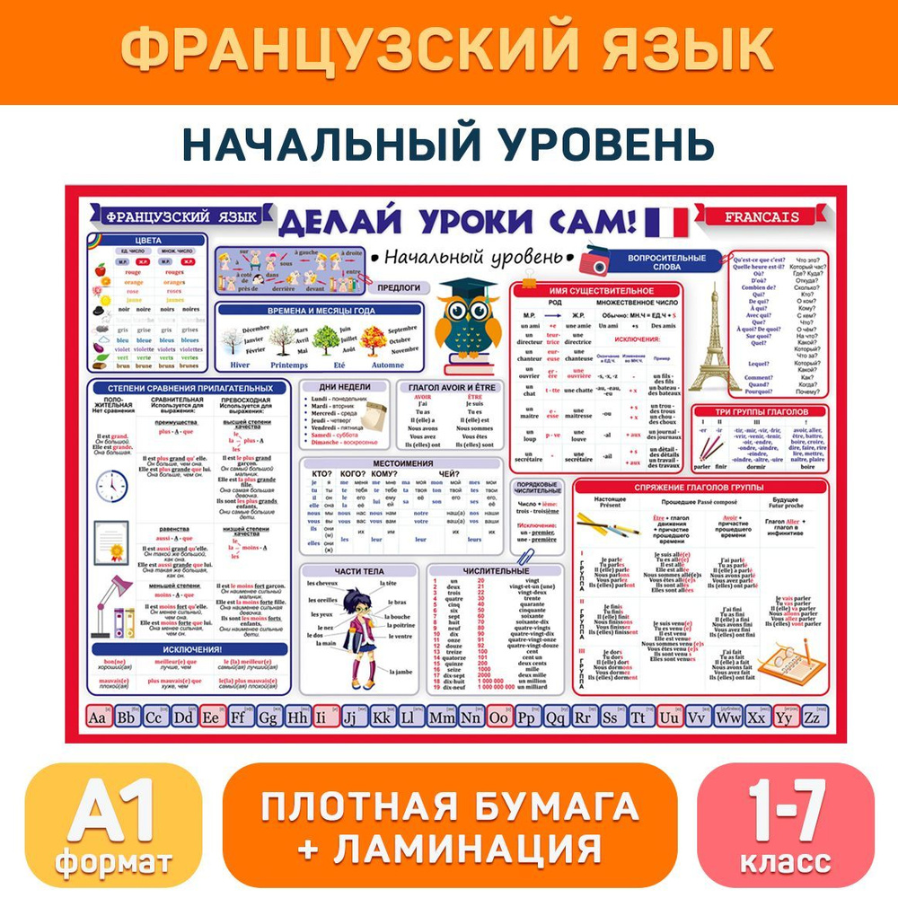 Обучающий плакат французский язык начальный уровень (1-7 класс) для  начальной школы, формат А1 с ламинацией ДЕЛАЙ УРОКИ САМ - купить с  доставкой по выгодным ценам в интернет-магазине OZON (601849641)