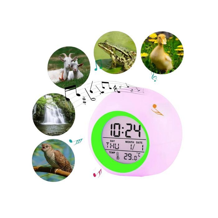Будильник "Шар" со сменой цветов / Настольные музыкальные цифровые часы с разноцветной подсветкой зеленые #1