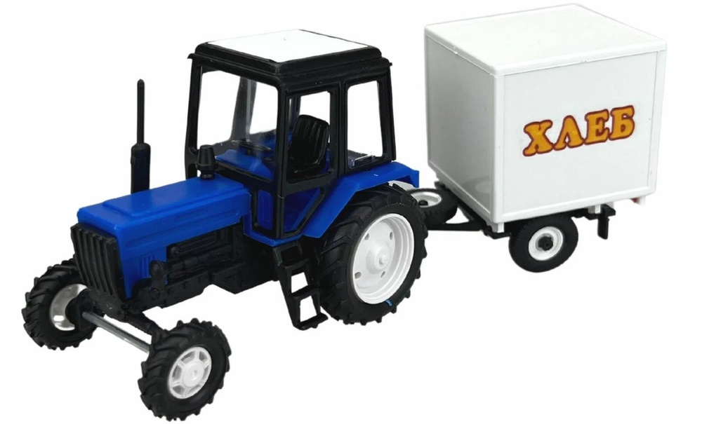 Трактор МТЗ-82 пластик 2х цветный(син-черный) с прицепом будка (Хлеб) 1:43 160067  #1