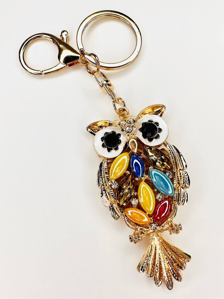 Брелок с карабином для ключей для сумки, большой золотой брелок с камнями, брелок с разноцветной совой #1