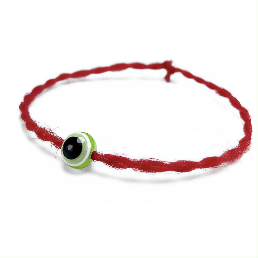 Красная нить Турецкий глаз - 100% шерсть, бусина акрил, 8 мм, цвет зеленый - от сглаза - браслет, талисман #1
