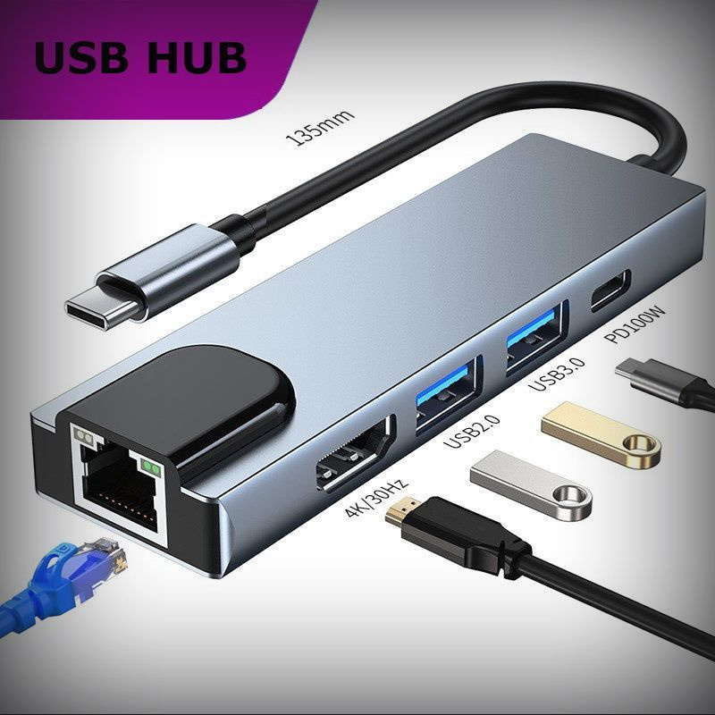 USB-C HUB 5 в 1/Переходник с USB 3.0, RJ45, HDMI 4K, PD Зарядка до 100W для MacBook/PC  #1