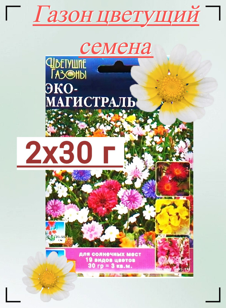 Газон цветущий "Эко-магистраль" 2x30 г, семена. Светолюбивая травяная смесь с ароматными бутонами подойдет #1