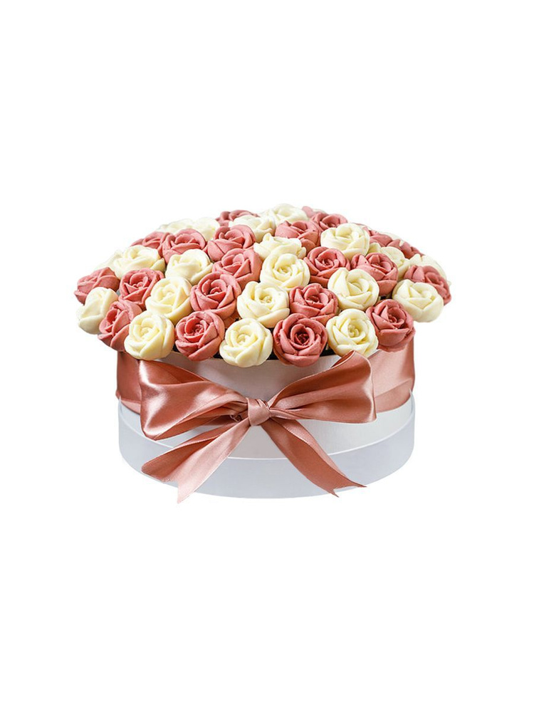 Подарочный набор конфет: Шоколадные розы 51 шт. CHOCO STORY в белой шляпной коробке: Белый и розовый #1