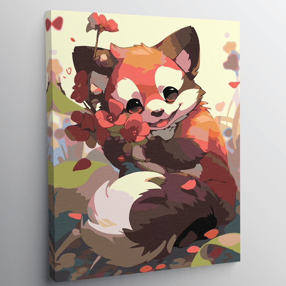 Картина по номерам, холст на подрамнике - Красная панда и цветы - Животные 30х40 см.  #1
