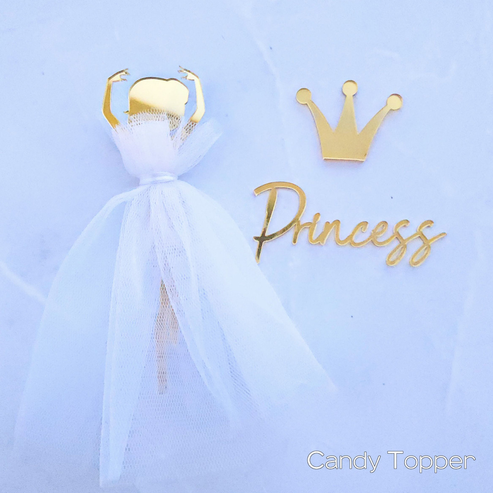 Топпер для торта, девочка балерина в белом платье+надпись princess+корона, (на палочке), 10 см, золото #1