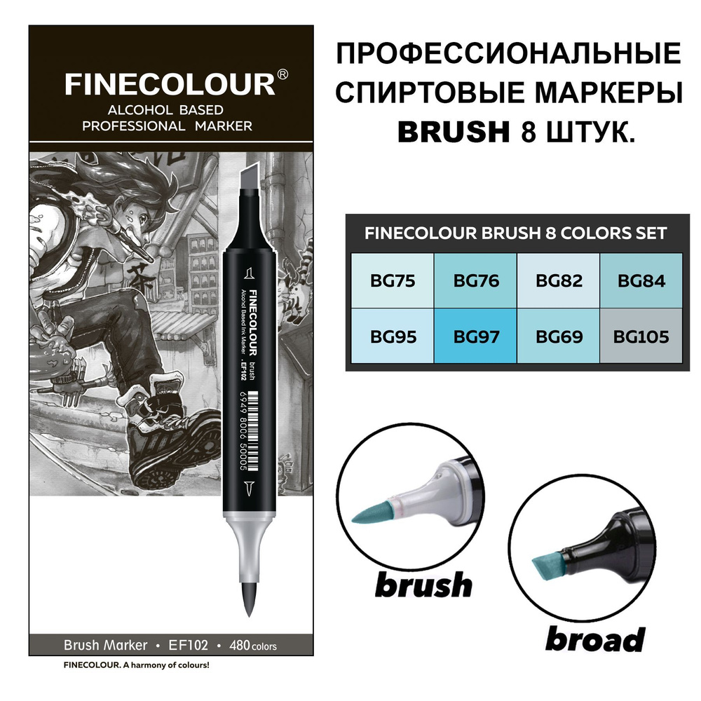 Набор двусторонних спиртовых маркеров для скетчинга FINECOLOUR BRUSH Set 11, 8 шт.  #1