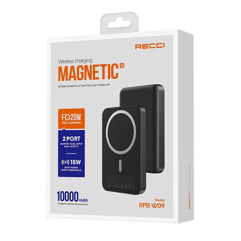 RECCI Внешний аккумулятор RPB-W09 Magnetic Power Bank, 10000 мАч, черный #1