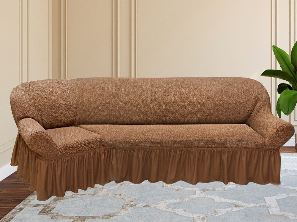 Чехол на угловой диван KARTEKS / Чехол жаккардовый универсальный, на резинке с оборкой, натяжной, накидка #1