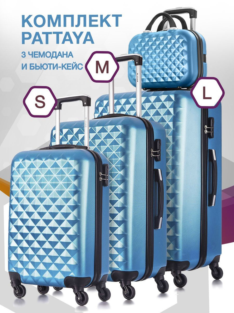 Набор чемоданов на колесах S + M + L (маленький, средний и большой) + бьюти кейс, голубой - Чемодан семейный, #1