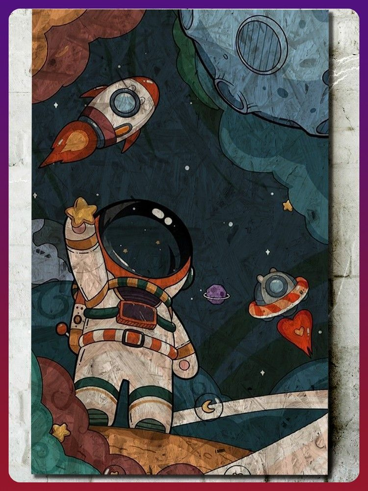 Картина интерьерная на рельефной доске ОСП пейзаж космос (для детей, космонавт, звезды, ракета, эстетика) #1