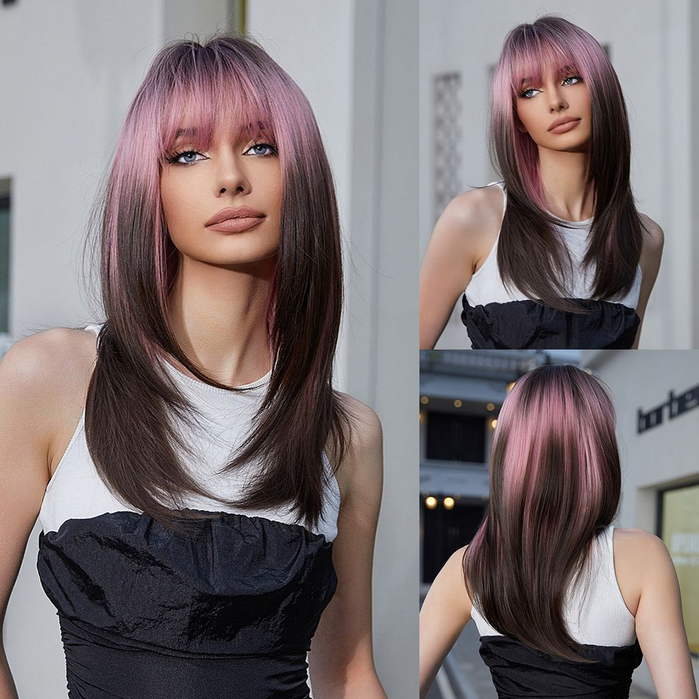 Парик женский, розовые корни - черные кончики с челкой, искусственные волосы  #1