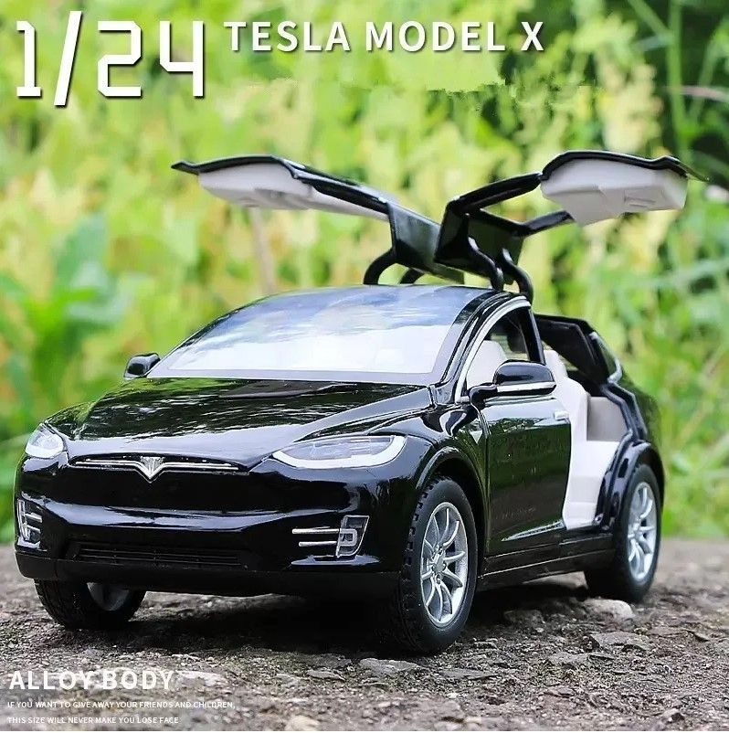 Машинка металлическая Тесла Модел Икс Tesla Model X черная, масштаб 1:24, длина 22 см., свет и звук, #1