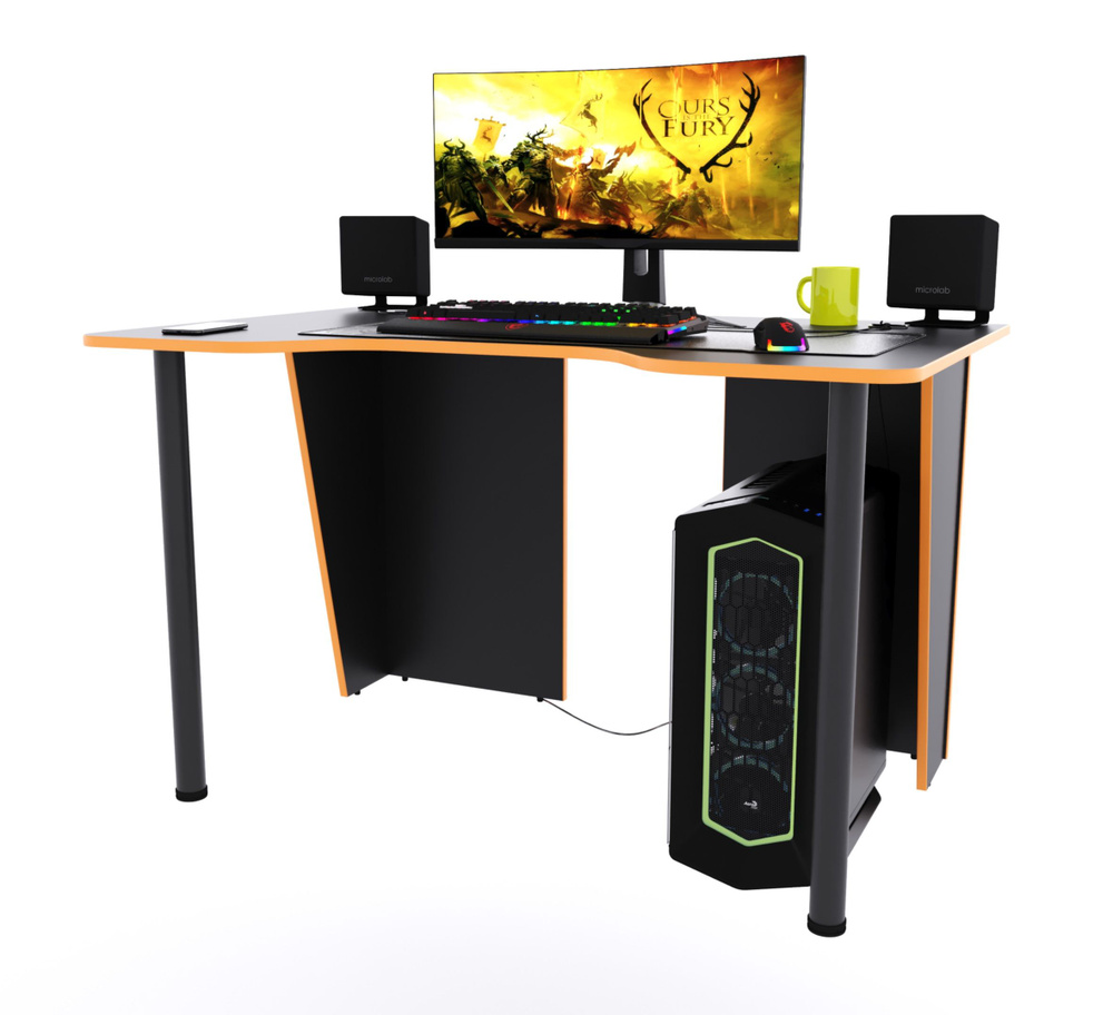 Прямой компьютерный стол "Лакер", 140х80х75 см, чёрный с оранжевой кромкой  #1