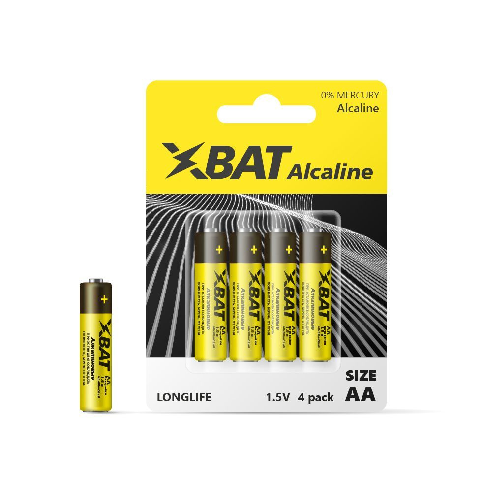 Батарейки щелочные (алкалиновые) X-BAT, тип АА, 1,5В, 4 шт (пальчиковые ...