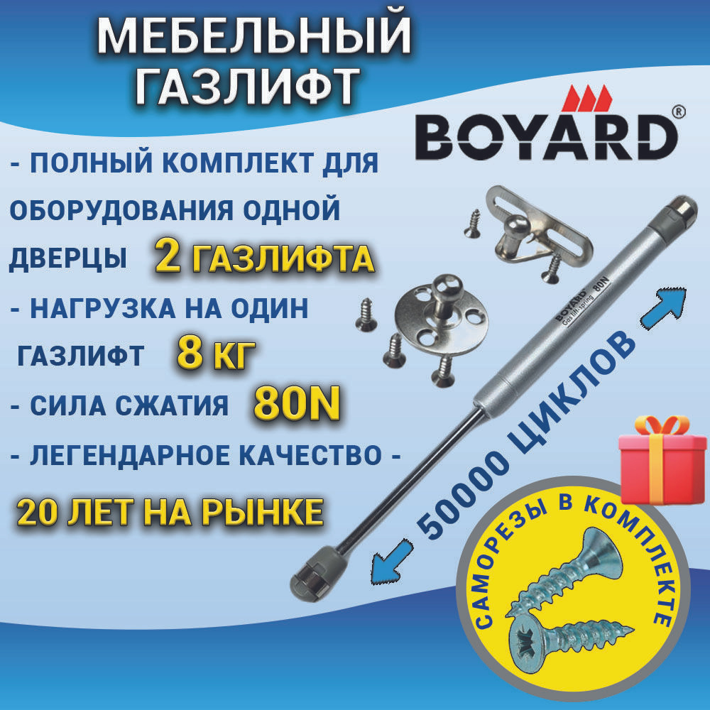 Газлифт мебельный BOYARD усилие 80N, комплект 2 штуки для одного фасада, дверцы для кухни, детской, мебельная #1