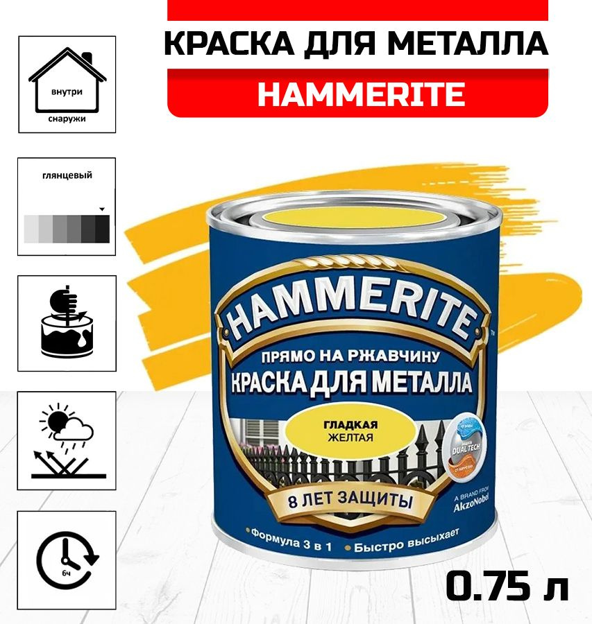 Краска алкидная HAMMERITE для металлических поверхностей гладкая желтая 0,75л  #1