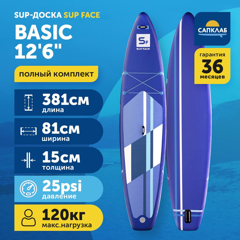 Сапборд SUP face Basic 12.6 туринговый двухслойный спортивный (381x81x15 см) / доска для плавания сап #1