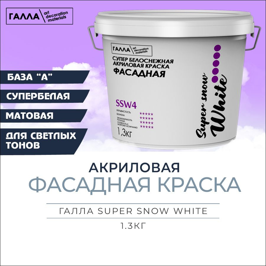 ГАЛЛА Краска Быстросохнущая, до 60°, Акриловая, Водно-дисперсионная, Матовое покрытие, 1 л, 1.3 кг, белый #1