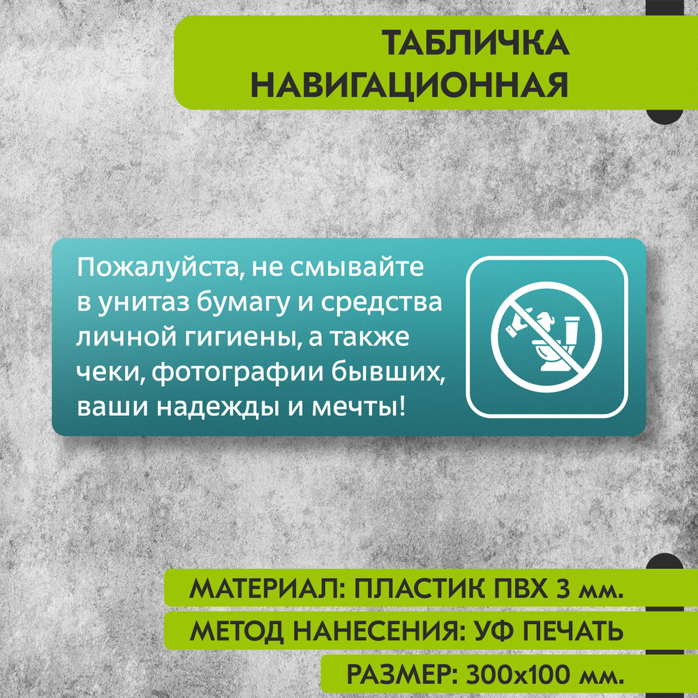 Табличка навигационная "Пожалуйста не смывайте в унитаз бумагу и средства гигиены" бирюзовая, 300х100 #1