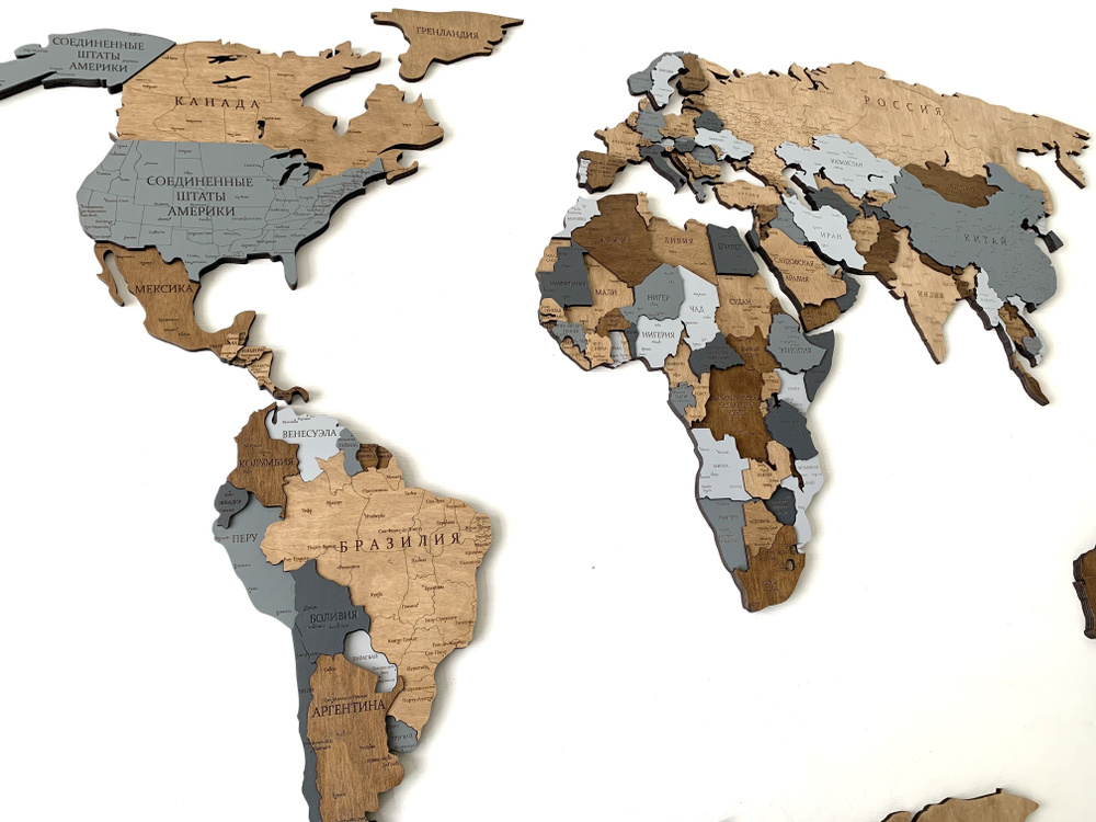Деревянная многоуровневая карта 3D 160/85 см подробная орех с серым, крупные города и регионы  #1