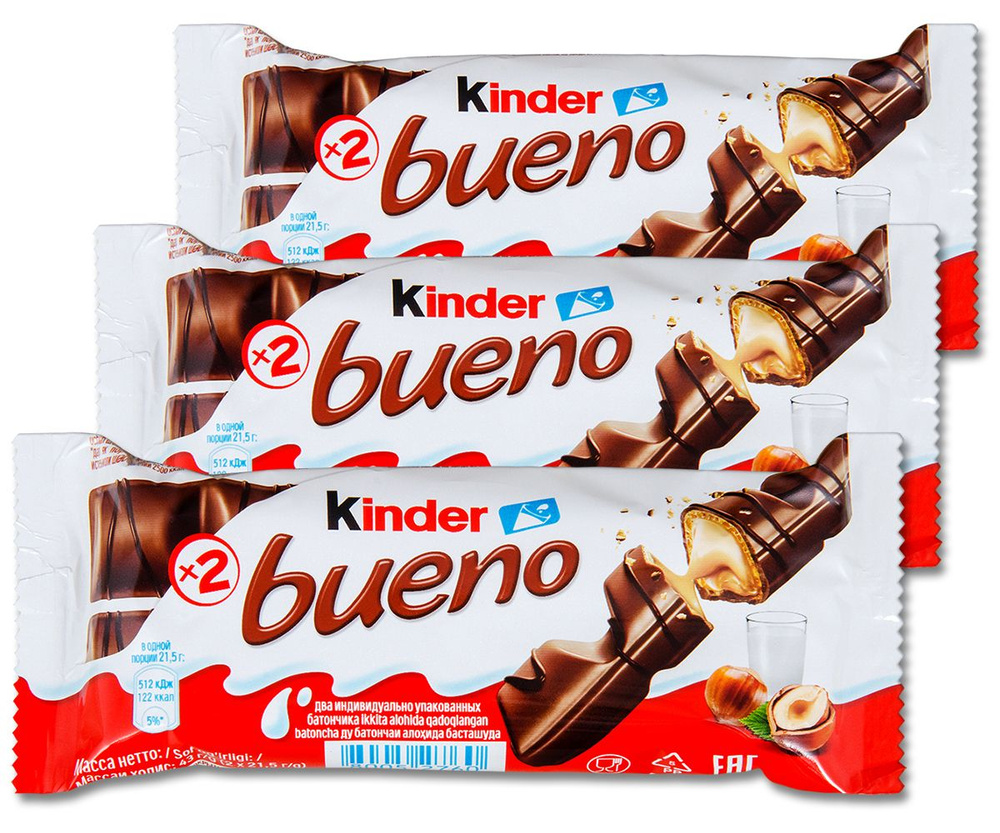 Киндер Буэно вафельный батончик Kinder Bueno молочно-ореховый, 43 г, 3 шт.  #1
