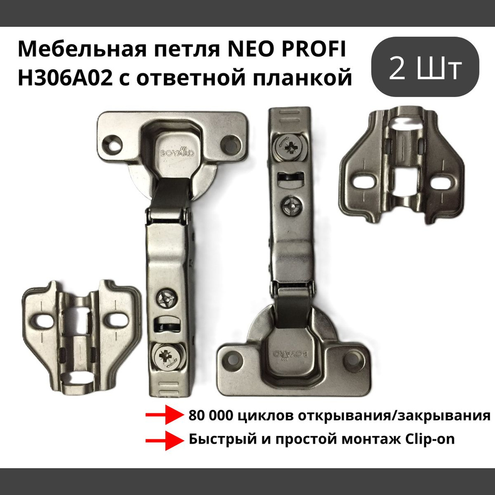 Мебельная петля NEO PROFI H306A02 с ответной планкой накладная с доводчиком - 2 шт  #1