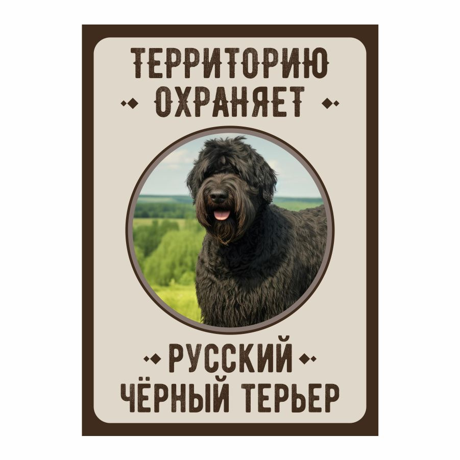 Табличка, Злая собака, Территорию охраняет Русский черный терьер, 18см х 25 см, на забор, на дверь  #1