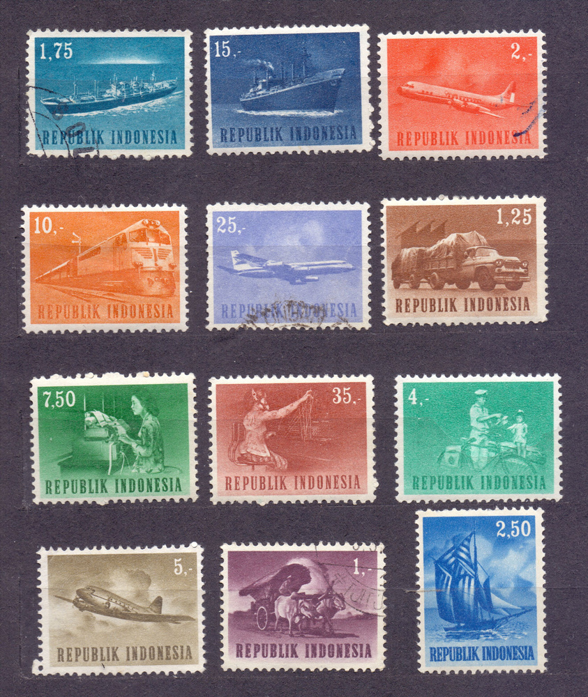 Набор почтовых марок Индонезии. 1964 год тематики "Транспорт и связь" полная серия из 12 штук  #1