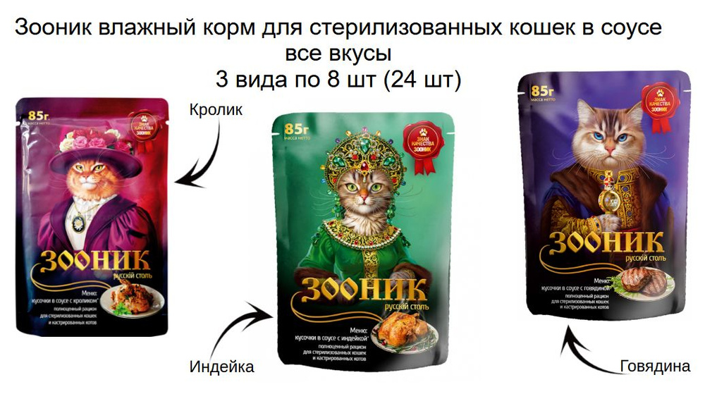 Зооник влажный корм для стерилизованных кошек в соусе все вкусы 3 вида по 8 шт (24 шт)  #1